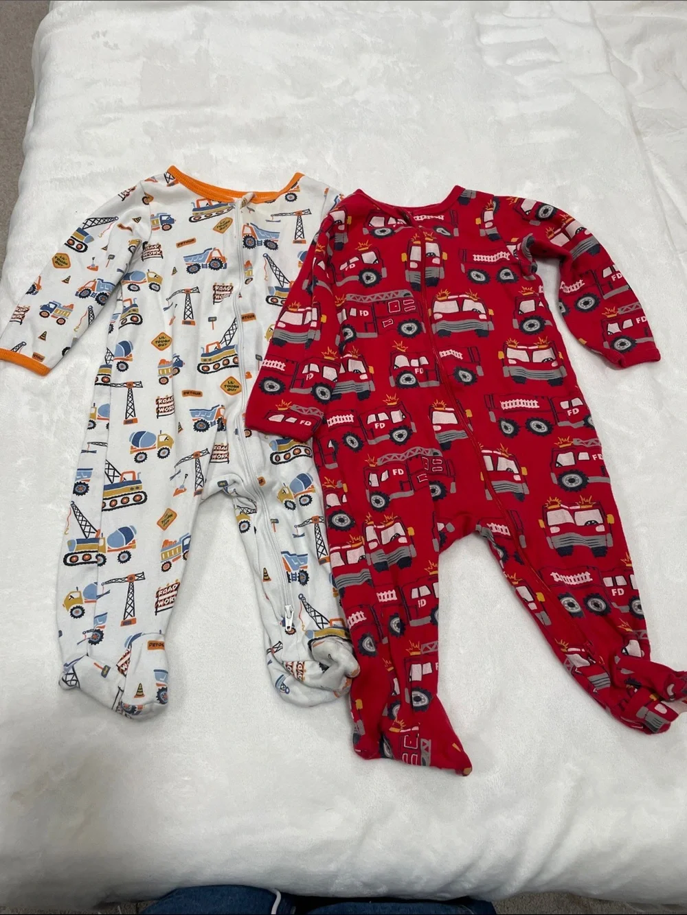 Kids One-Piece Footed Pajama - Red Fire Truck & White Construction Prints